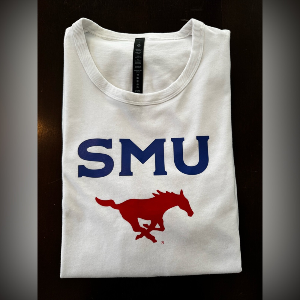 lululemon athletica White T-Shirt with Blue SMU Logo and Red Mustang